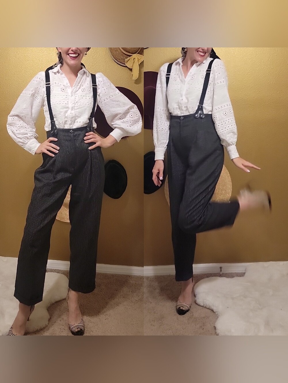 *High-Waist Pinstripe Trousers with Adjustable Suspenders*